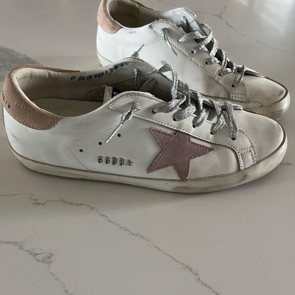 Golden Goose White Sneakers with Pink Star and Silver Laces